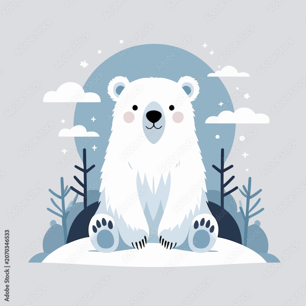 Fototapeta premium Cute cartoon polar bear sitting on snow with winter landscape background.