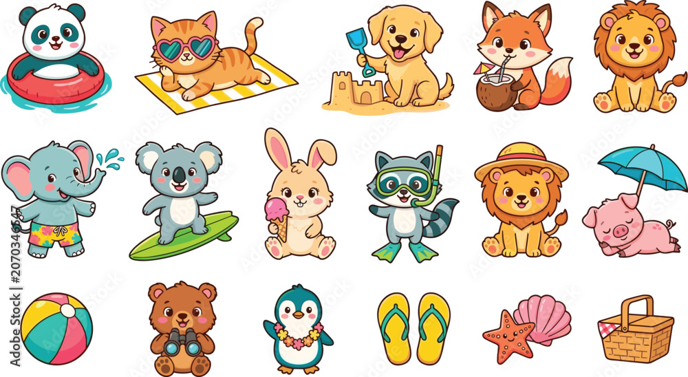 Fototapeta premium Cute Summer Animal Character Collection with Beach Vacation Pets and Tropical Cartoon Illustration