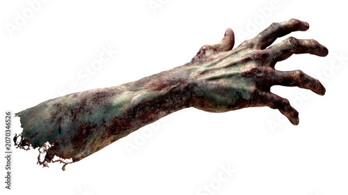 Creepy zombie hand reaching forward with decayed skin horror halloween monster attack concept isolated spooky undead limb realistic render on White background