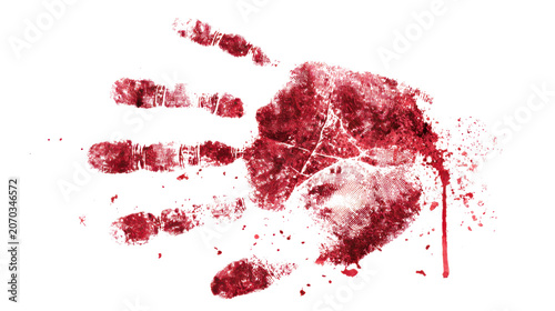 Red bloody handprint fingerprint evidence texture for crime scene investigation forensic horror halloween danger concept isolated dramatic stain artwork on White background