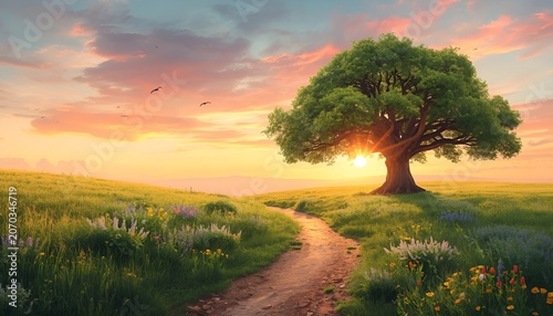 Majestic oak tree in a wildflower meadow at sunset with winding path