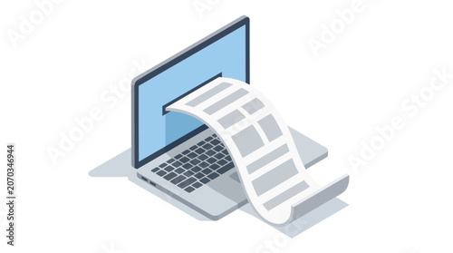 A long printed document flows directly out of a modern laptop screen, gracefully cascading down over the grey keyboard and onto an open surface in a clean and minimalist isometric design illustration