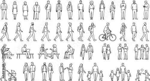 Set of diverse people silhouettes in line art style for architectural visualization and urban design projects