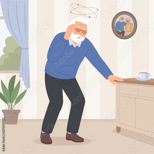 Elderly man suffering from dizziness and vertigo, unsteady standing posture. Man with closed eyes holds his hand on head, stars spin around his head. Vector Illustration