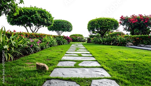 A stone path leads through a meticulously manicured garden, lined with vibrant flowers and trimmed foliage. The path stretches toward the horizon