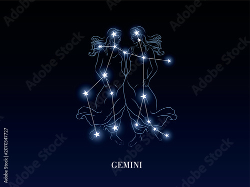 Gemini zodiac constellation on a dark night sky background with stars, astrology astronomy vector design elements. With illustration
