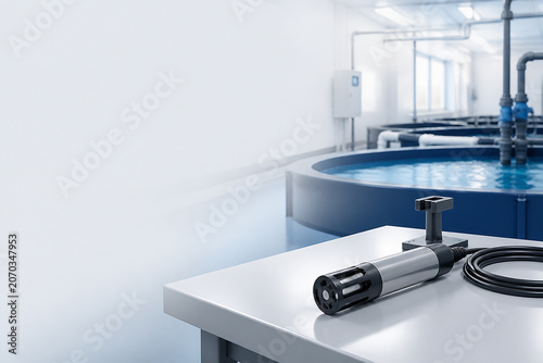 A close-up of a filtration device on a white table near a large blue water tank in an industrial or laboratory setting.
