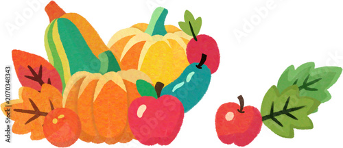 Hand-drawn autumn harvest elements with pumpkins, apples, and autumn leaves.