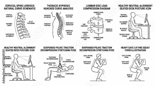 Medical Diagrams of Human Spine Anatomy and Correct Ergonomic Posture for Back Health.