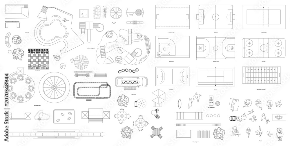 Obraz premium Top view of an amusement park. Vector illustration of isolated objects. Amusement rides, playing fields, skate park, children's playground, dog play area, chessboard etc.