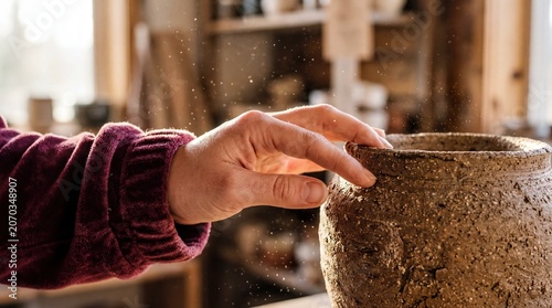 ceramic craftsmanship, a hand gently brushes against textured ceramic in soft morning light, dust afloat