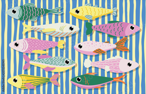 Colorful flat fish collection vector illustration with various tropical sea fishes isolated on colorful background for design