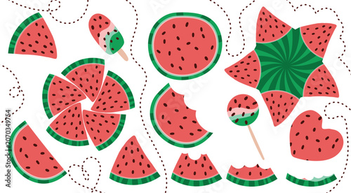 Cartoon fresh green open watermelon half, slices and triangles. Red watermelon piece with bite. Sliced watermelon fruit vector set