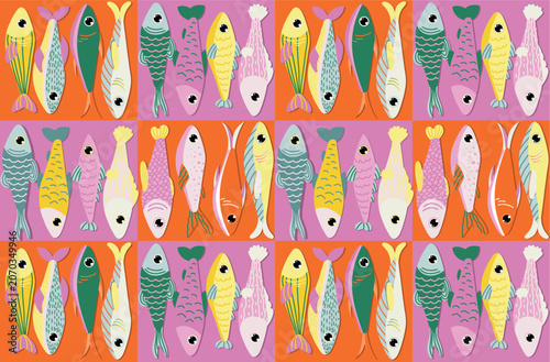 Colorful flat fish collection vector illustration with various tropical sea fishes isolated on colorful background for design