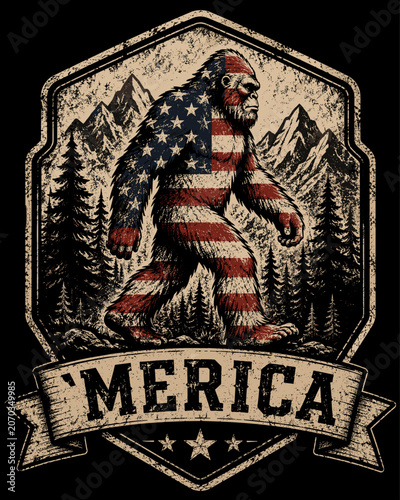 Vintage Bigfoot America Badge Vector with Flag Pattern, Mountain Forest Background and Distressed Patriotic Outdoor Emblem