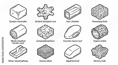 Isometric hand drawn futuristic neural network components and biological brain interface elements set.