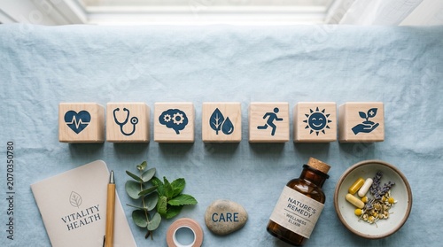 Health and wellness concept with wooden blocks, herbs, and supplements on a blue cloth
