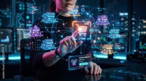 Woman interacting with virtual shopping cart interface in a futuristic tech environment with glowing neon graphics