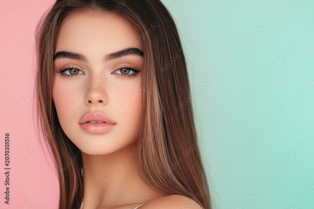 Fototapeta premium Portrait woman face beauty makeup brown hair pink lips studio closeup pastel