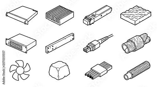 Isometric line art collection of computer hardware components and electronic networking equipment icons.
