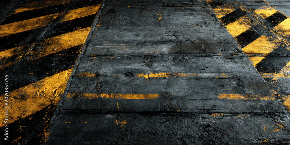 Obraz premium Black tarmac surface with yellow hazard stripe grunge texture urban pavement worn road marking industrial background abstract ground dark asphalt rough surface