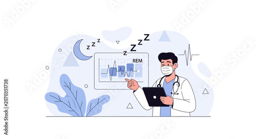 Doctor analyzes sleep study results with REM sleep graph on screen, healthcare concept