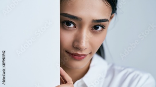 Woman smiling while holding a clean white vertical panel for branding and advertising use in a minimal white studio setting.