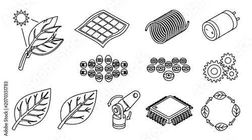 Isometric line art icons of renewable energy and green technology concepts.