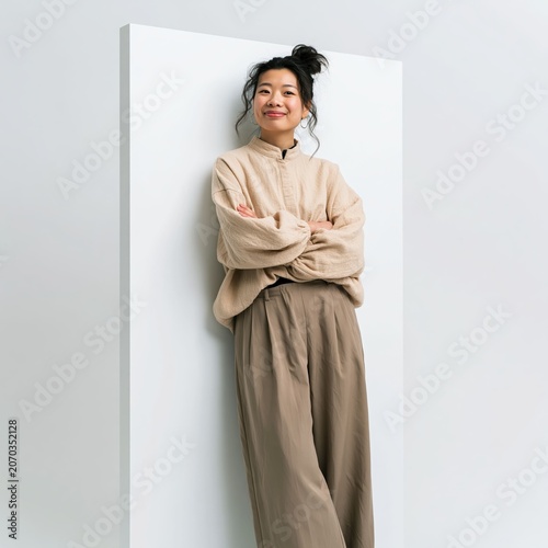 Woman smiling while holding a clean white vertical panel for branding and advertising use in a minimal white studio setting.