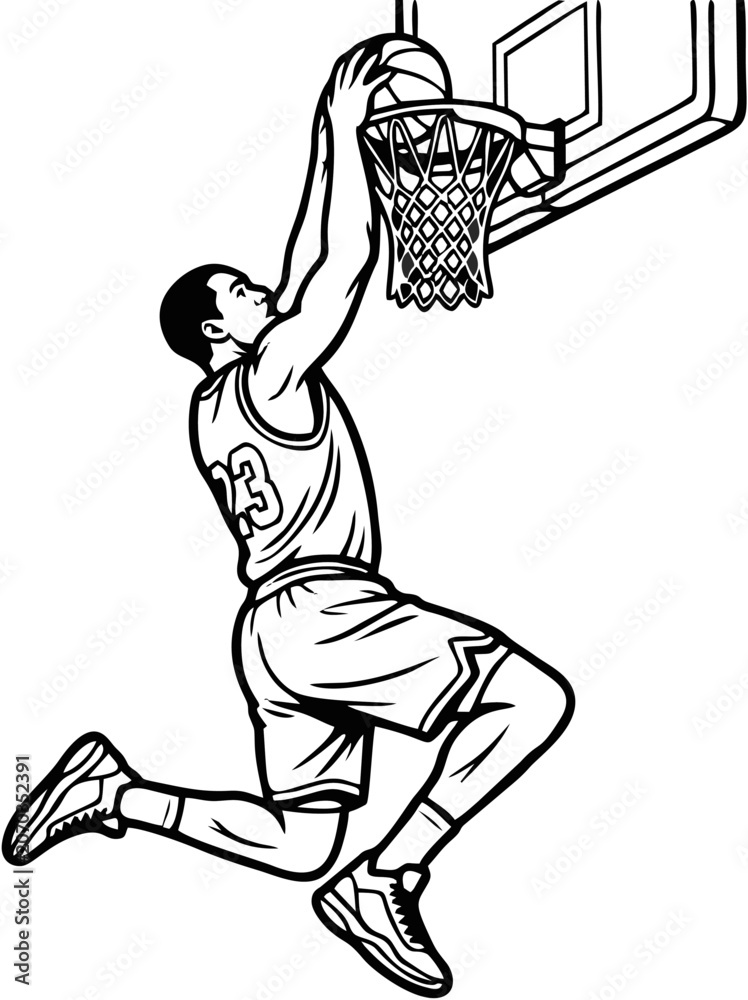 Obraz premium Basketball player performs a powerful dunk shot in this detailed black and white line art illustration.