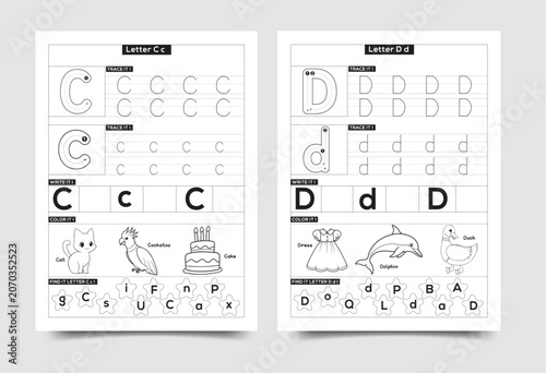 Alphabet tracing worksheet for preschoolers letters c and d with alphabet worksheet preschool education learning practice exercise