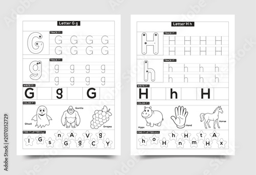 Alphabet tracing worksheet for preschoolers letters g and h with alphabet worksheet preschool education learning practice exercise