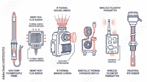 Technical illustration of industrial thermal sensors and imaging equipment for temperature monitoring.