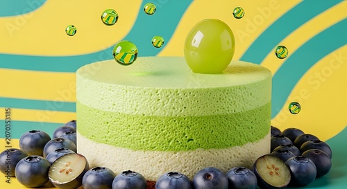 Green Cake with Blueberries and Grapes on Yellow Background