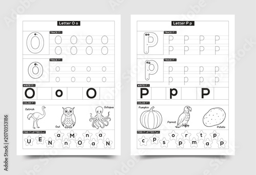 Alphabet tracing worksheet for preschoolers letters o and p with alphabet worksheet preschool education learning practice exercise