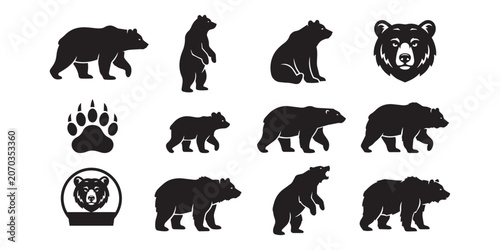 Foto Set of black bear silhouettes in various poses and styles for wildlife design wi