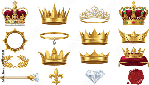 Schilderij op canvas Luxury royal crown collection with golden monarch symbols diamonds tiaras and re