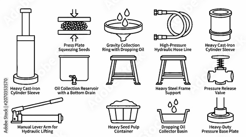 Industrial Hydraulic Press Components and Mechanical Engineering Equipment Line Art Illustration.
