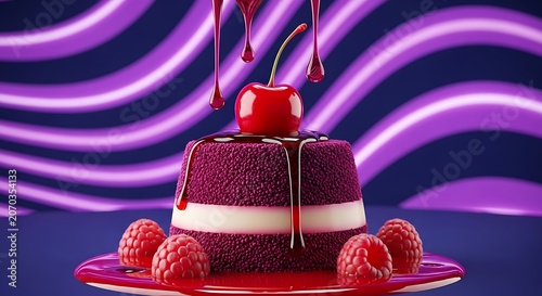 Purple Cake with Cherry and Raspberries on Red Plate against Neon Background