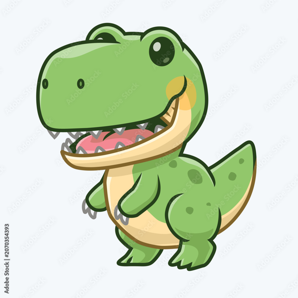 Obraz premium Cute Green Cartoon Dinosaur T-Rex Illustration Smiling Friendly Baby Dino Character for Kids