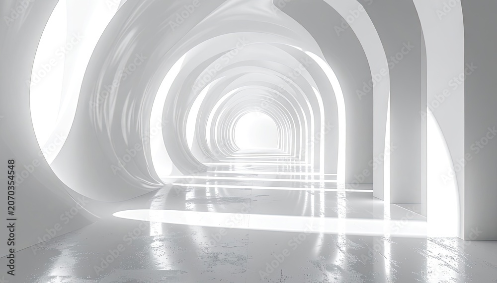 Naklejka premium Abstract Futuristic White Tunnel with Arches and Light Rays.