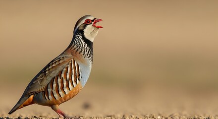 Red legged partridge bird calling in dry outdoor environment natural light