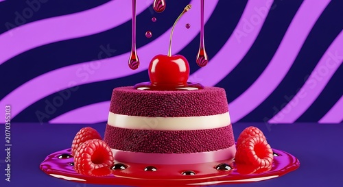 Purple Cake with White Cream and Cherry on Top