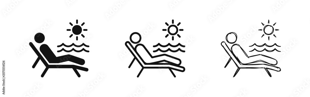 Obraz premium Person relaxing on sun lounger with sun and waves icons in multiple graphic styles