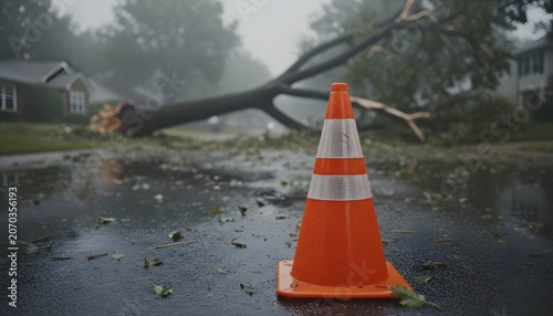 Fallen Tree and Traffic Cone After Severe Storm in Residential Area