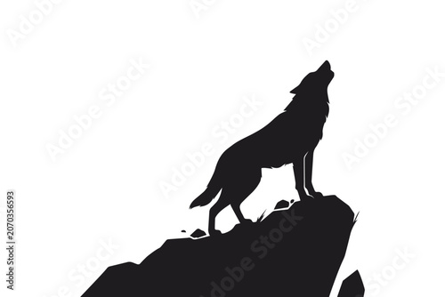 Howling fox silhouette standing on rocky cliff isolated on transparent background.