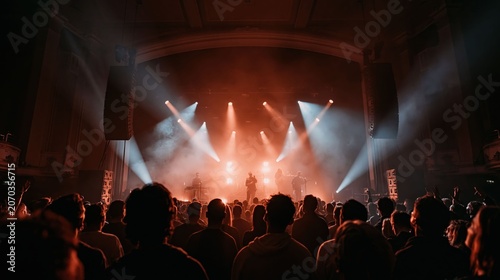 A vibrant music concert crowd with confetti creates an energetic festival visual emphasizing live performance, stage lighting, and celebration atmosphere.