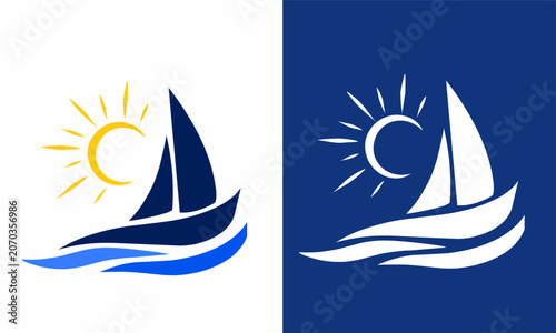 Minimalist sailboat sun and ocean waves logo icon set