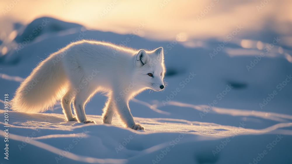 Fototapeta premium White fox in snow landscape, arctic fox walking in winter light