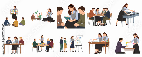 Flat vector illustration set of students and teachers in various educational settings and classroom activities